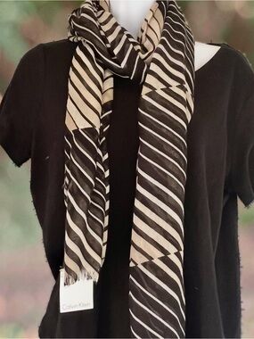 Calvin Klein NWT Black Tan Striped Lightweight Scarf Wrap Shawl